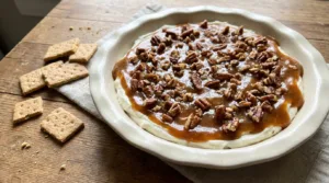 Maple pecan dessert dip in a shallow ceramic dish with graham crackers alongside.