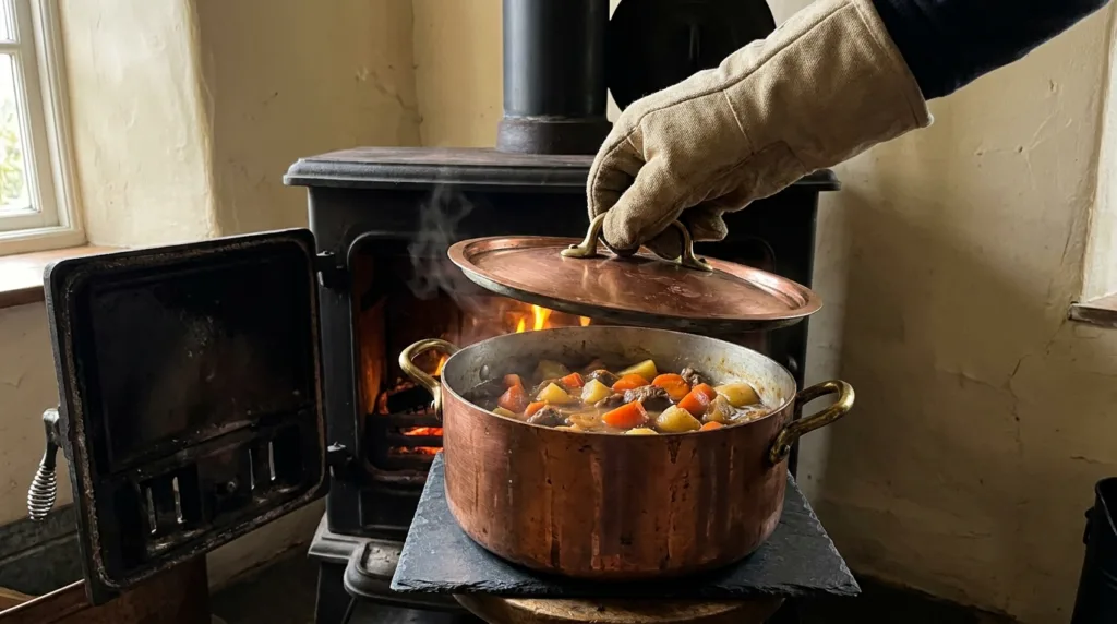 Beef Stew Bread Bowls with Tender Chuck Roast 3 Lifting the lid of a copper pot to reveal beef stew with carrots and potatoes beside a cast-iron stove.