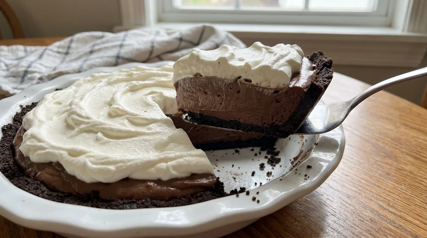 Chocolate Pudding Pie with Cookie Crust and Whipped Cream 4 Chocolate pudding pie slice lifted from a white pie plate, showing cookie crust, chocolate filling, and whipped cream.