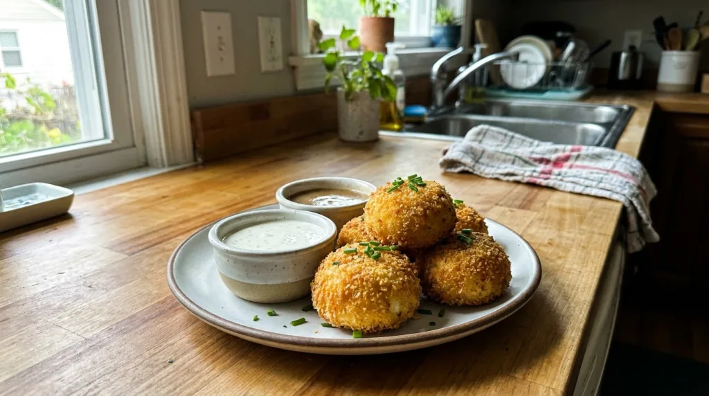 Mashed Potato Bombs (Crispy Cheddar-Stuffed Leftover Recipe) 3 Plate of crispy mashed potato bombs with dipping sauces in a home kitchen