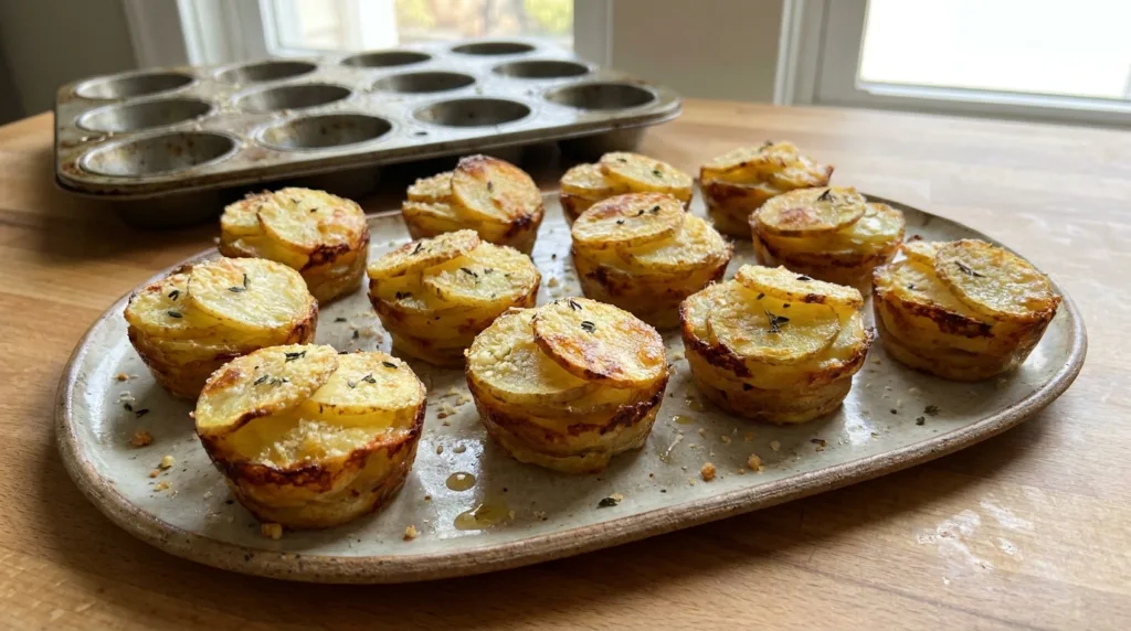 Crispy Potato Stacks with Garlic Butter and Parmesan 3 Garlic herb potato stacks with Parmesan arranged on a serving platter.