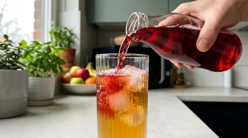 Cranberry Cider Fizz (Easy 5-Minute Fall Mocktail) 3 Pouring cranberry juice over ice to make cranberry cider fizz in a tall glass