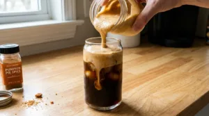 Pouring homemade pumpkin cold foam over iced cold brew coffee in a tall glass