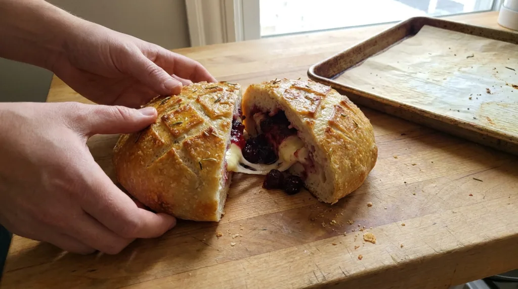 Cranberry Brie Bread with Rosemary and Honey 3 Hands pulling apart cranberry brie bread to show melted Brie and cranberry inside a golden sourdough loaf.