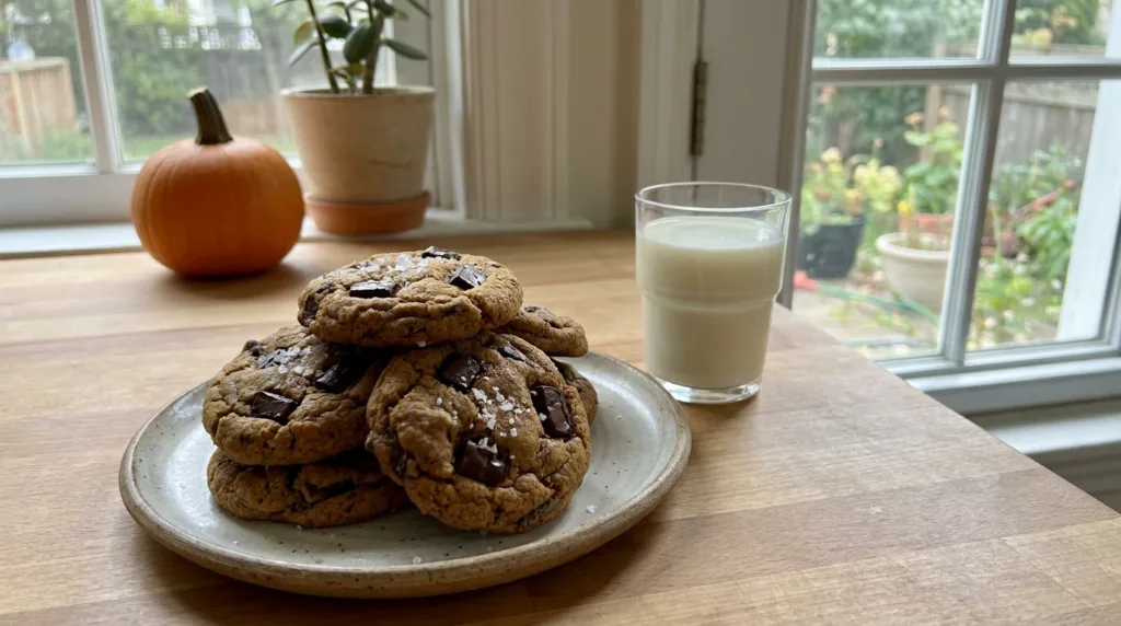 Brown Butter Pumpkin Cookies (Chewy Chocolate Chunk Fall Cookies) 3 Stack of brown butter pumpkin cookies with chocolate chunks and a glass of milk in a home kitchen