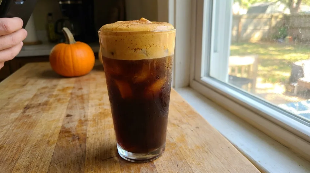 Pumpkin Cream Cold Brew (Easy 5-Minute Copycat Recipe) 3 Pumpkin cream cold brew with spiced foam topping on a kitchen counter in a US home