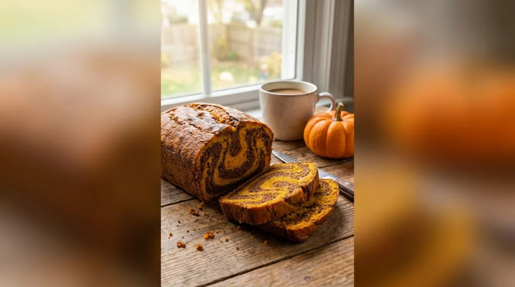 Sliced pumpkin marble loaf on a kitchen counter with coffee in a home kitchen