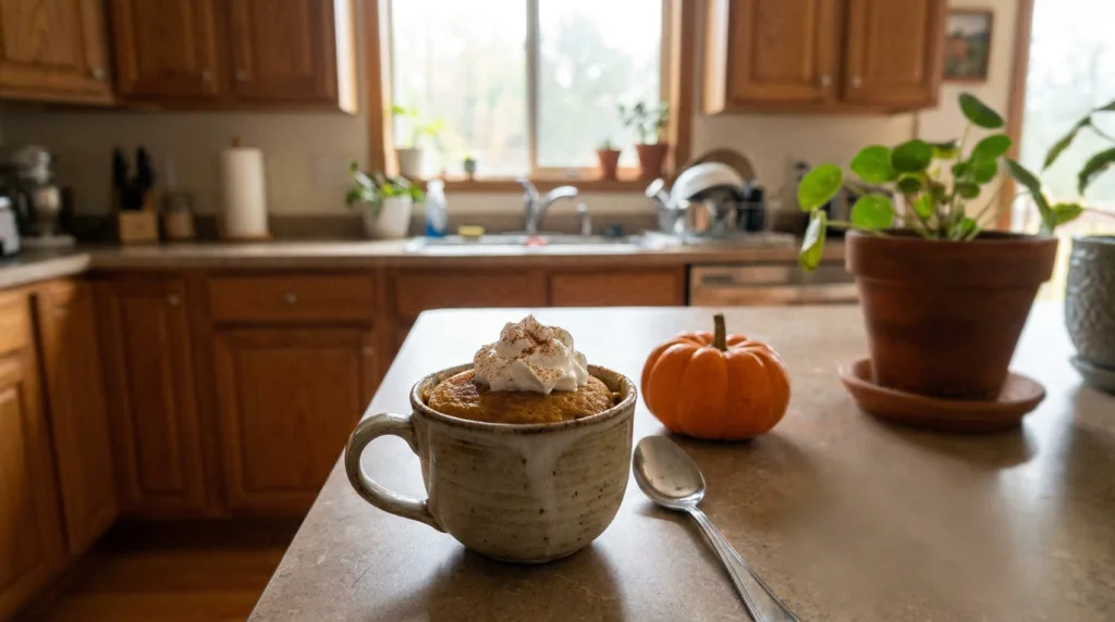 Pumpkin Mug Cake (Easy 5-Minute Microwave Recipe) 3 Warm pumpkin mug cake topped with whipped cream and cinnamon on a kitchen counter