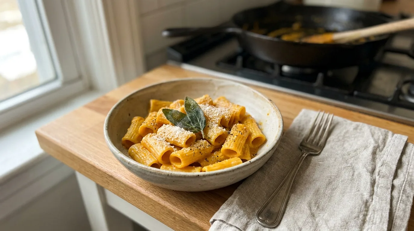 Pumpkin rigatoni topped with crispy sage, grated Parmesan and black pepper in a ceramic bowl.