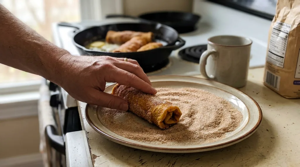 Pumpkin French toast roll-ups (Easy Cream Cheese Rolls) 3 Rolling a pan-fried pumpkin French toast roll in cinnamon sugar