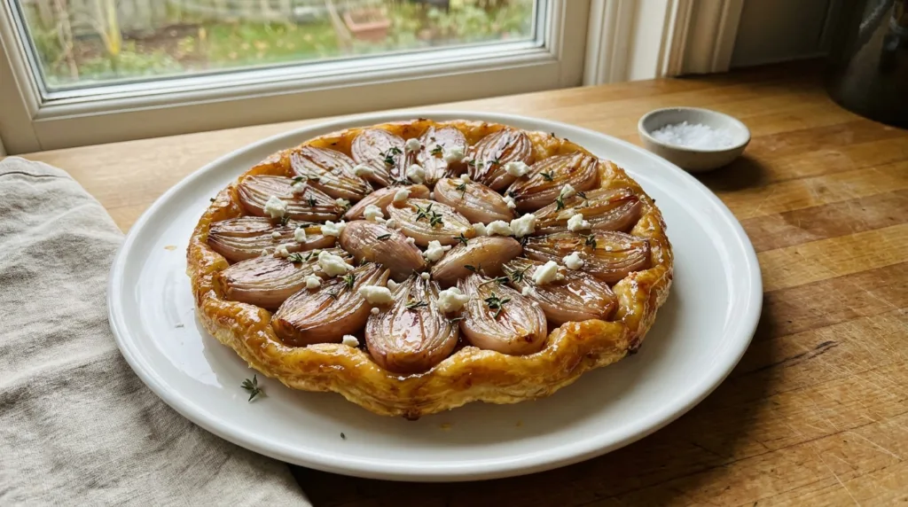 Shallot Tarte Tatin: Easy Savory Puff Pastry Tart 7 Shallot tarte Tatin with caramelized shallots on puff pastry