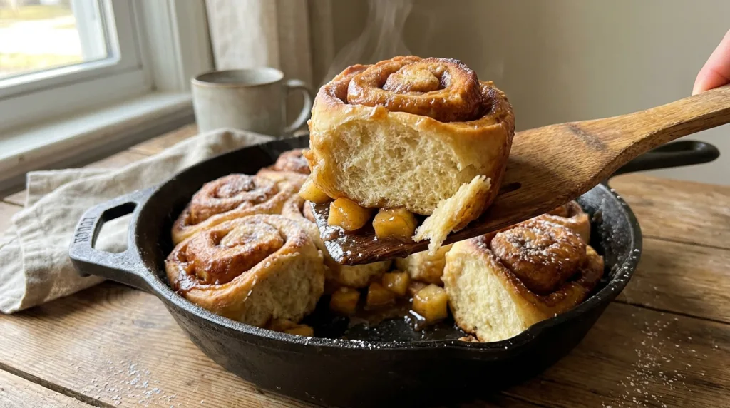 Lifting caramel apple cinnamon rolls from a skillet to reveal tender apples and caramel underneath.