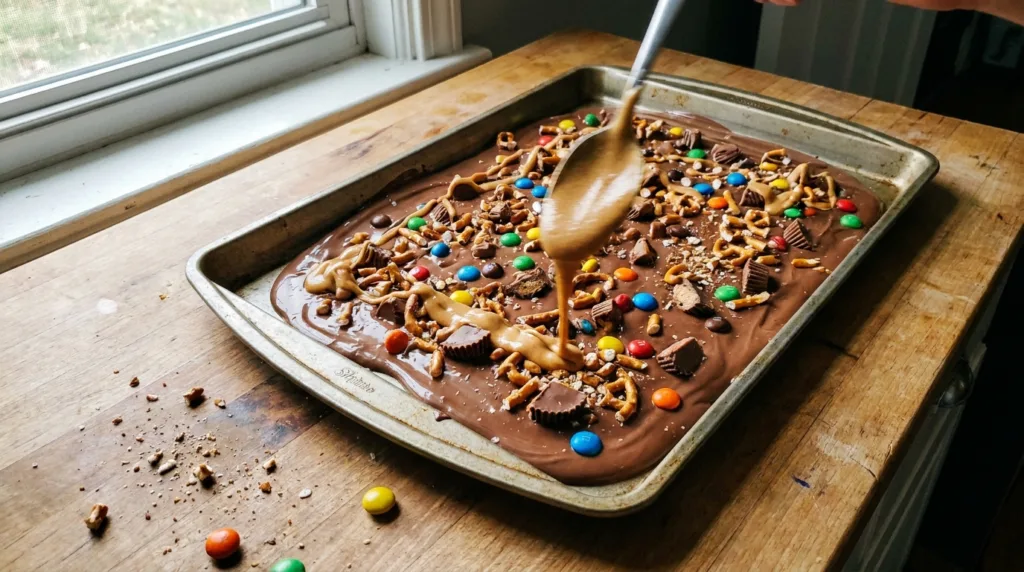Drizzling peanut butter over chocolate bark topped with Reese's peanut butter cups and candy