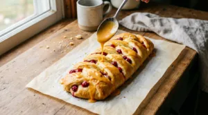 Drizzling orange glaze over a golden puff pastry cranberry braid