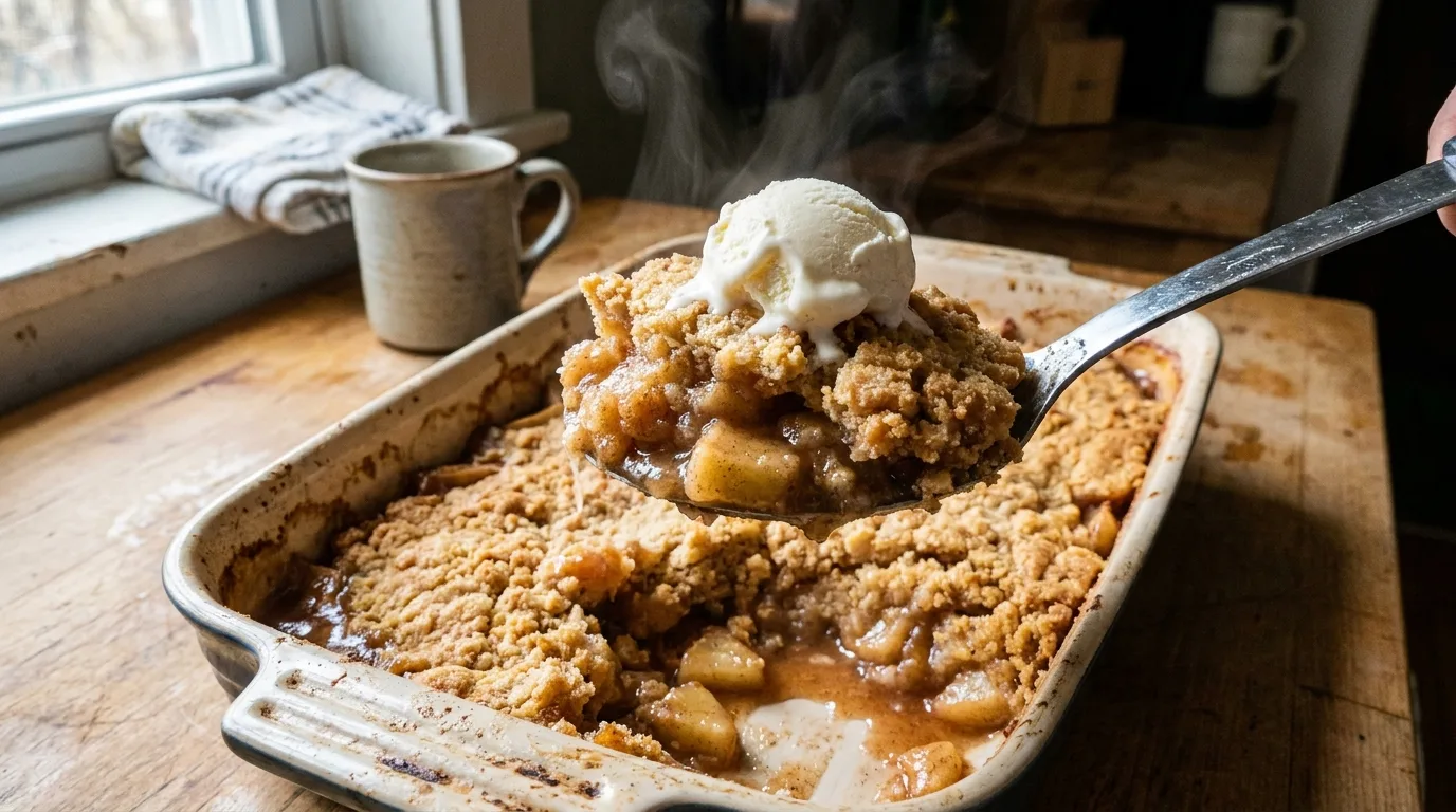 Scooping warm apple dump cake with vanilla ice cream from a baking dish