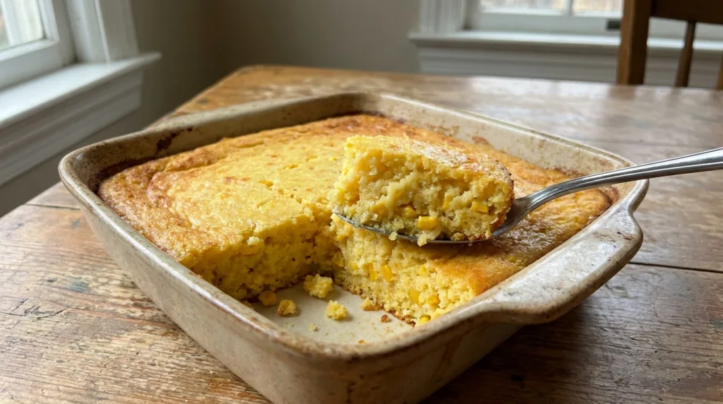 Spoon lifting Jiffy corn casserole with a golden top and creamy corn-filled center.