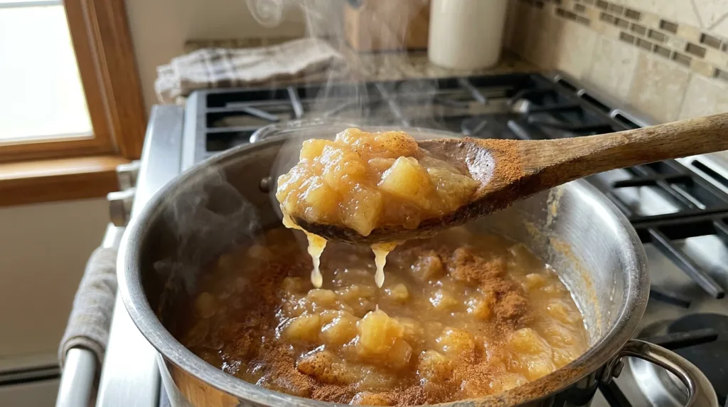 Stovetop Applesauce (Easy Chunky Homemade Recipe) 3 Chunky stovetop applesauce simmering in a stainless steel pot with a wooden spoon