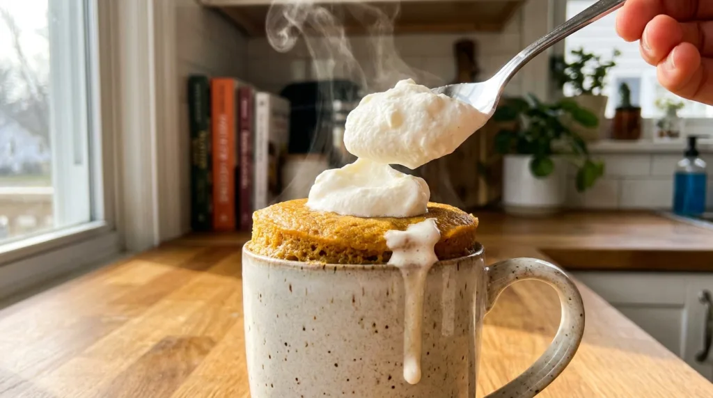 Spoonful of whipped cream over a microwave pumpkin mug cake in a ceramic mug