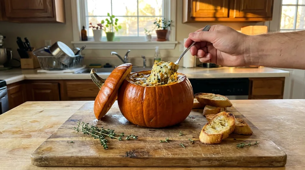 Whole Baked Stuffed Pumpkin (Cheesy Bread, Gruyère & Cream) 3 Baked stuffed pumpkin with Gruyère and bread filling served with toasted baguette in a home kitchen