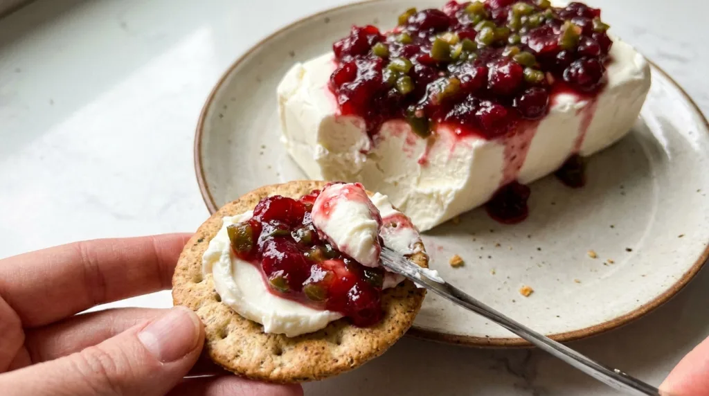 Cranberry jalapeño dip spread onto a round cracker with cream cheese and chunky red cranberry sauce.