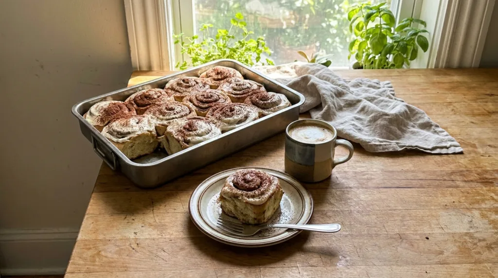 Tiramisu Cinnamon Rolls (Espresso Mascarpone Frosting) 3 Pan of tiramisu cinnamon rolls with mascarpone frosting and cocoa next to a cup of coffee