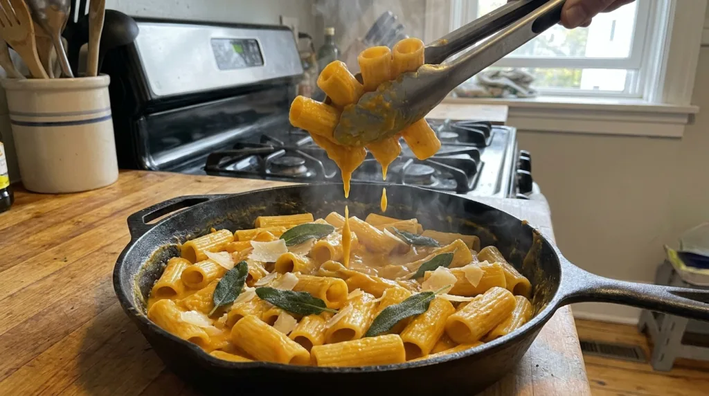 Creamy Pumpkin Pasta with Parmesan & Crispy Sage 3 Tongs lifting creamy pumpkin pasta from a skillet of rigatoni with orange cream sauce.