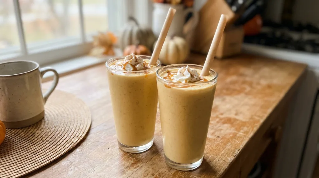 Pumpkin Pie Milkshake with Vanilla Ice Cream 3 Two creamy pumpkin spice milkshakes topped with whipped cream and caramel.